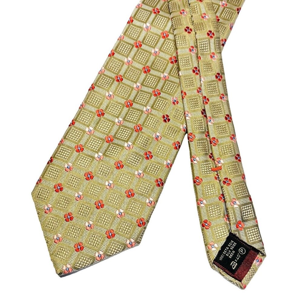 Ermenegildo Zegna Woven Silk Mens Tie Necktie Italy Olive Green Red 58"L